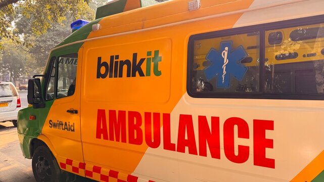 New Delhi, India January 1 2026: Picture of Blinkit Ambulance service in delhi, Blinkit launches 10-min ambulance service starting from Gurugram.
