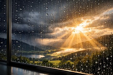 Sunbeams break through storm clouds over a mountain valley seen through a rain-splattered window.