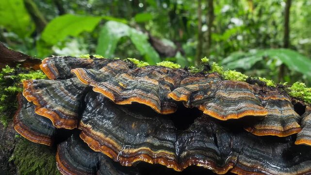 Vibrant Shelf Fungi Growing on Tree Trunk in Lush Rainforest During Daytime