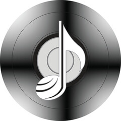 A white musical note symbol centered on a metallic gray circular disc with concentric rings, resembling a record or CD.