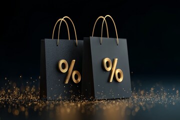 Elegant Black Shopping Bags with Golden Percent Signs Amidst Sparkling Background