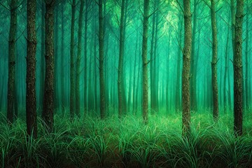 Fototapeta premium Dense emerald forest, tall trees, misty and verdant