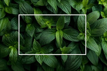 Lush Green Leaf Pattern with White Geometric Frame Overlay - Nature's Symmetry in Focus