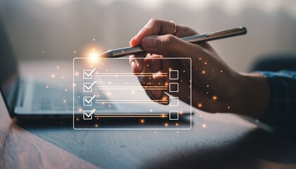 Hand using stylus to check off items on a digital checklist overlay