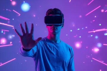 A young man wearing virtual reality goggles and reaching out into a vibrant purple space with neon lights and glowing orbs.