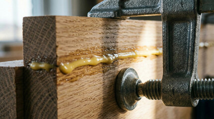 Woodworking clamp pressing glued wooden boards in workshop