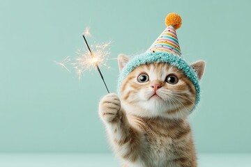 Adorable kitten in party hat holding a sparker against a teal background, celebrating joyfully