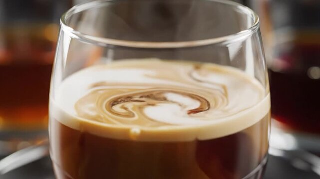Cream being poured into a tall glass of dark liquid, creating swirling patterns