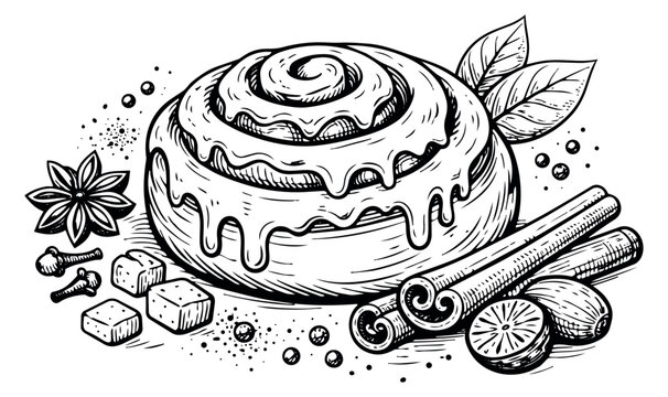 Hand drawn line art baking ingredients set featuring a cinnamon roll, cinnamon sticks, and various spices for recipe design and menu decoration