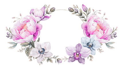 Fototapeta premium Watercolor Floral Frame Featuring Elegant Pink Peonies and Colorful Orchids