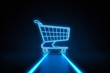 A glowing blue shopping cart icon with neon lights on a dark background