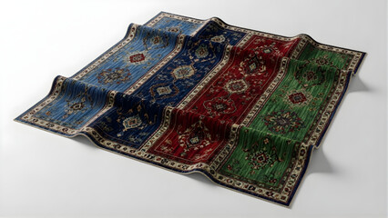Elegant traditional decorative mat showcasing intricate ornate patterns and vibrant colors in distinct blue, red, and green sections on a neutral surface, adding a touch of classic sophistication