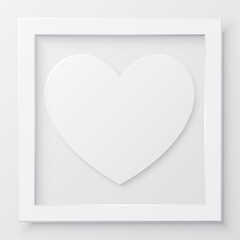 3D white heart in white square frame paper cut style on white background