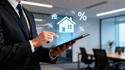 Businessman using tablet with home finance icons