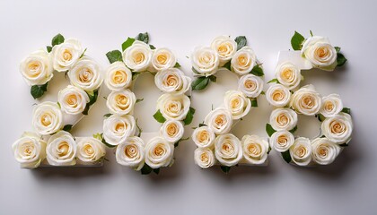  New year concept on white. Top view of 2026 written with white rose blossoms on white background