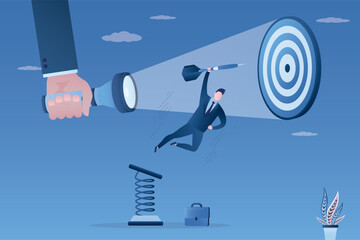 Big hand of teacher or mentor holds flashlight and illuminate goal for new entrepreneur. Businessman uses dart and metal spring for hit target. Education, business assistance