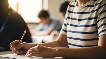 Student taking notes in a classroom setting with peers
