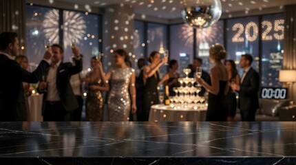 Naklejka premium Elegant New Year's Eve Party with City Skyline View and Champagne Toast