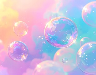 Glossy, iridescent bubbles float among soft, pastel-colored clouds