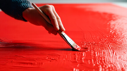 Hand painting smooth red paint on canvas with brush in artistic closeup scene