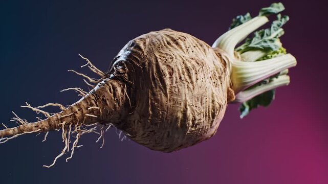 Close Up of Celery Root With Roots and Greens Against Dark Background