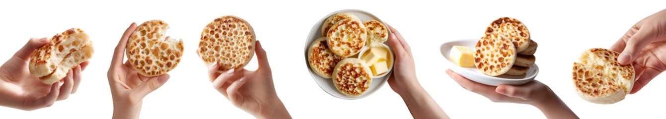 Set of hand holding classic Crumpet griddle pikelets bread bun pastry, plate with butter, pile stack group bitten half, transparent cutout PNG. Many different style. Mockup for design artwork