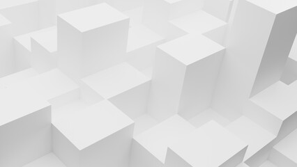 White 3D cubes form a minimalist geometric landscape with soft shadows and subtle depth.