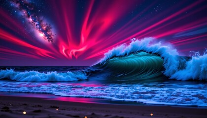 Crashing Wave Under Cosmic Night Sky