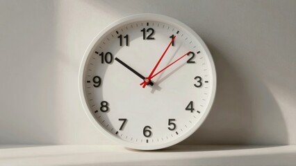 White wall clock with black and red hands on shelf