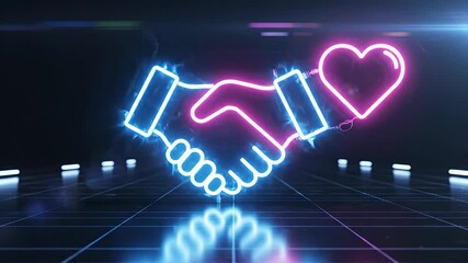 Vibrant neon handshake symbolizing digital partnership and heartfelt connection with glowing blue and pink hands forming an agreement alongside a radiant pink heart set against a futuristic dark back.