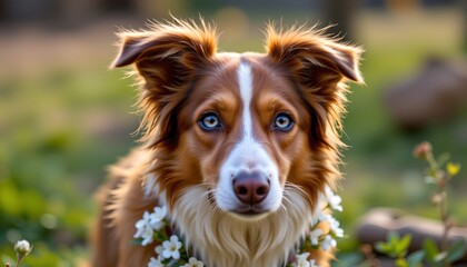 Serene Border Collie with Flowers Sunlit Garden