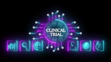 Animated clinical trial process depicted with financial and medical icon on black background .Business man working on the tablet of the future select on the virtual display Clinical trial. HD video - Powered by Adobe