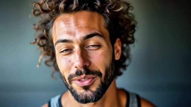 A handsome young man with curly hair and a beard, smiling and looking at the camera in a natural light setting. Confident portrait for lifestyle content.