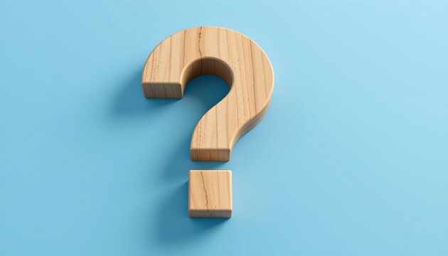 Wooden Question Mark Cube Floating Against Light Blue