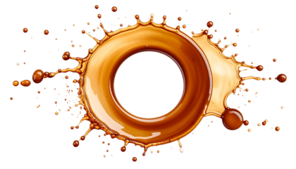 Realistic coffee spill stain with circular rings and organic splashes, warm brown liquid texture, subtle gradients, natural spill pattern, isolated on transparent background, top-view perspective