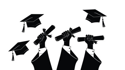 Three graduates celebrating with diplomas and caps in the air on a white background