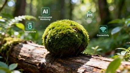 Moss on log with environmental tech icons