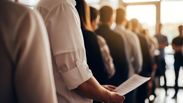 A line of people waiting in a queue for an event or meeting
