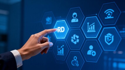 Hand interacting with digital icons