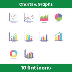Obraz premium Charts and graphs flat icon set featuring bar, line, pie, area, column, scatter, and growth charts. Clean flat design for analytics, dashboards, reports, and business use.