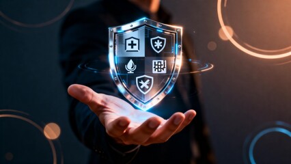 Hand holding digital shield with icons