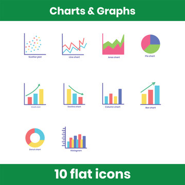 Charts and graphs flat icon set featuring bar, line, pie, area, column, scatter, and growth charts. Clean flat design for analytics, dashboards, reports, and business use.