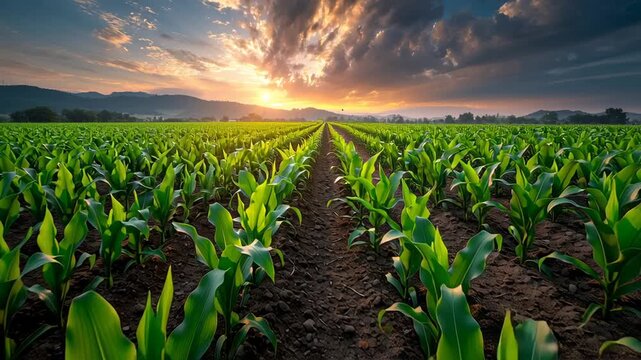 Golden rays of sunlight illuminate lush green corn plants in neat rows. A peaceful morning unfolds in the countryside, showcasing nature's beauty as the sun rises