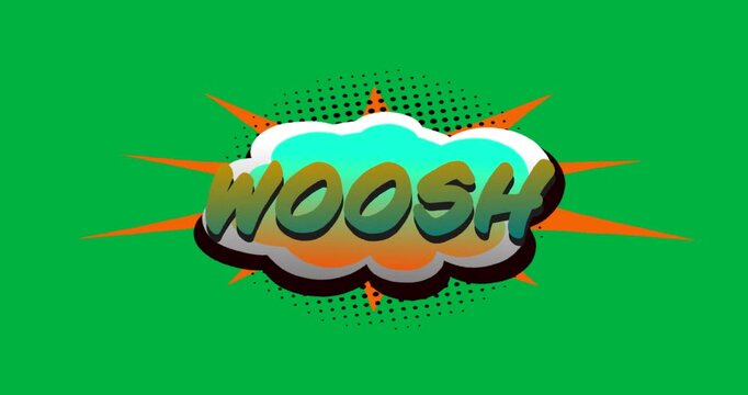 Animation of vintage comic cartoon speech bubble with Woosh text written in green letters moving