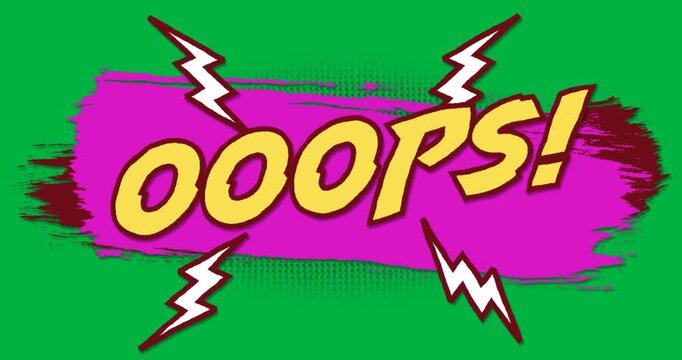 Animation of vintage comic cartoon speech bubble with Ooops! text written in yellow letters moving