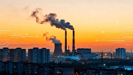 Industrial factory with smoke at sunset