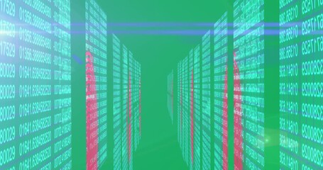 Animation of digital information flowing through network of computer servers in server room - Powered by Adobe
