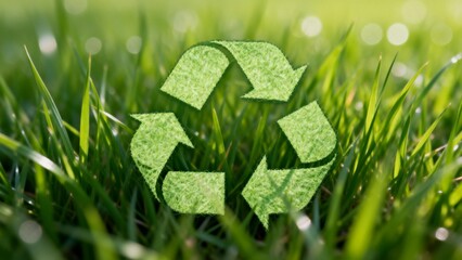 Recycling symbol on green grass
