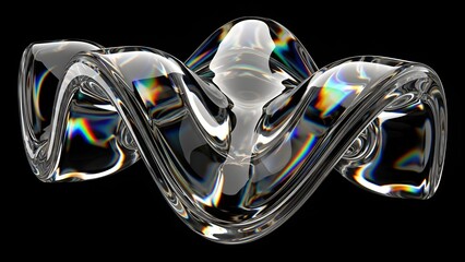Ethereal luminous flowing glass formation against stark black background creating mesmerizing
