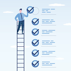 Businessman standing on high ladder and put tick on completion checklist. All tasks completed. Checklist report, evaluation list, to do list, task done, quality control